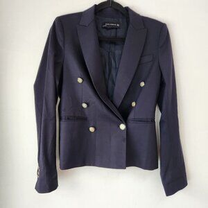 Zara Navy Blue Wool Captain's Blazer Jacket Double Breasted Career Women's XS